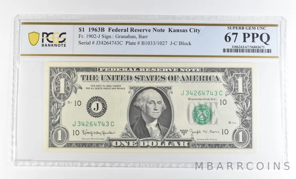 1963 B $1 Kansas City MO FRN Fr#1902-J Superb Gem Unc 67 PPQ PCGS *9253