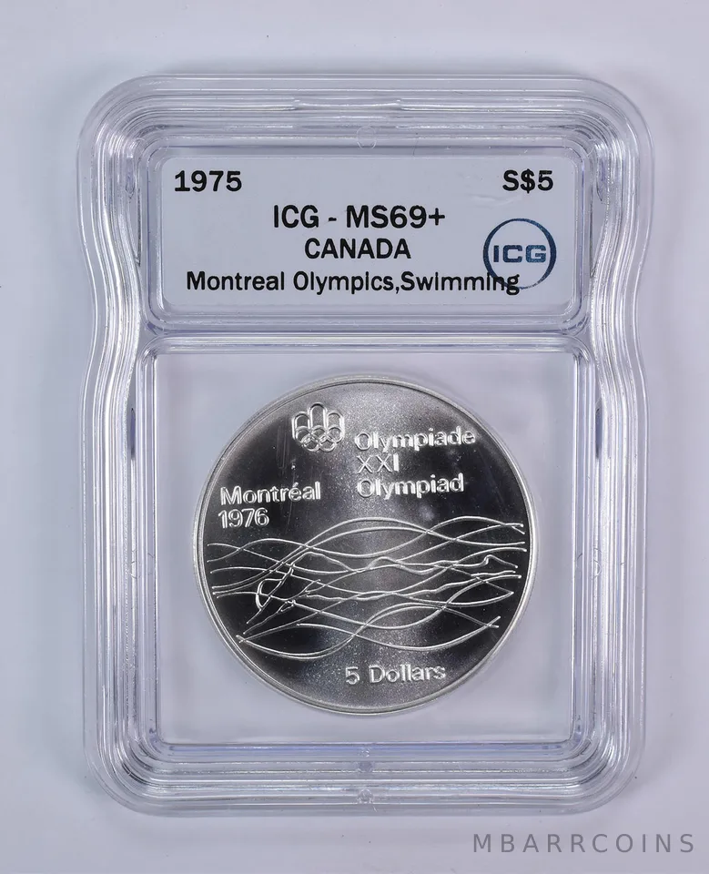 1975 Canada 5 Dollars Silver Montreal Olympics Swimming MS69+ ICG