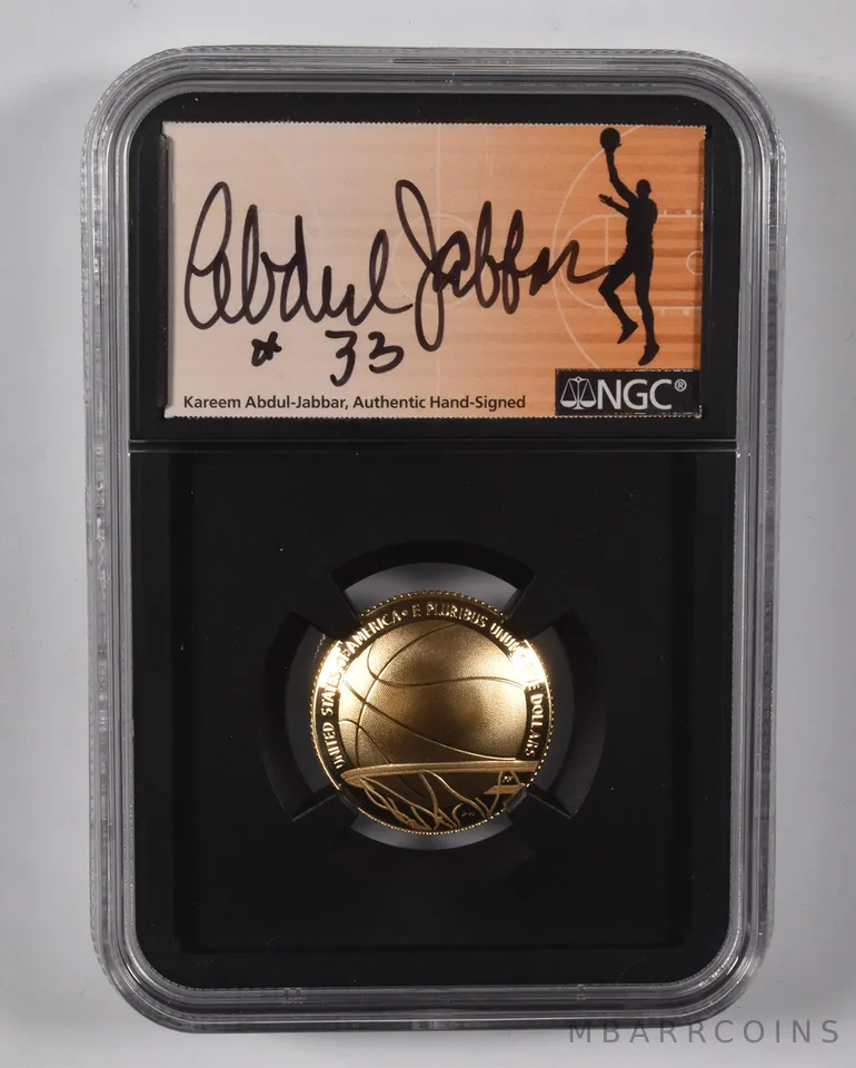 2020-W $5 Gold Basketball HOF PF70 NGC Kareem Abdul Jabbar Signed