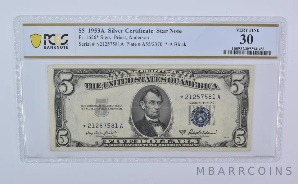 1953 A $5 Silver Certificate Star Note Fr#1656* Very Fine 30 PCGS *8122