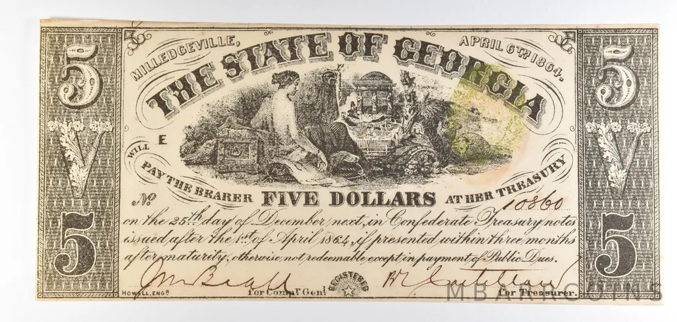 1864 $5 Milledgeville GA Obsolete Note *8806