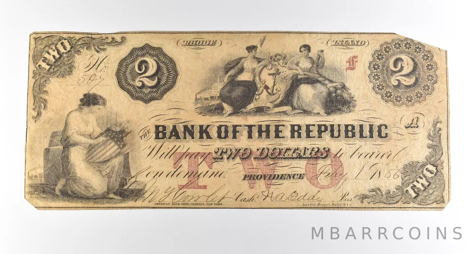 1856 $2 Providence RI Bank Of The Republic Obsolete Note *3771