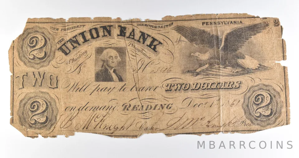1861 $2 Reading PA Union Bank Obsolete Note *8404