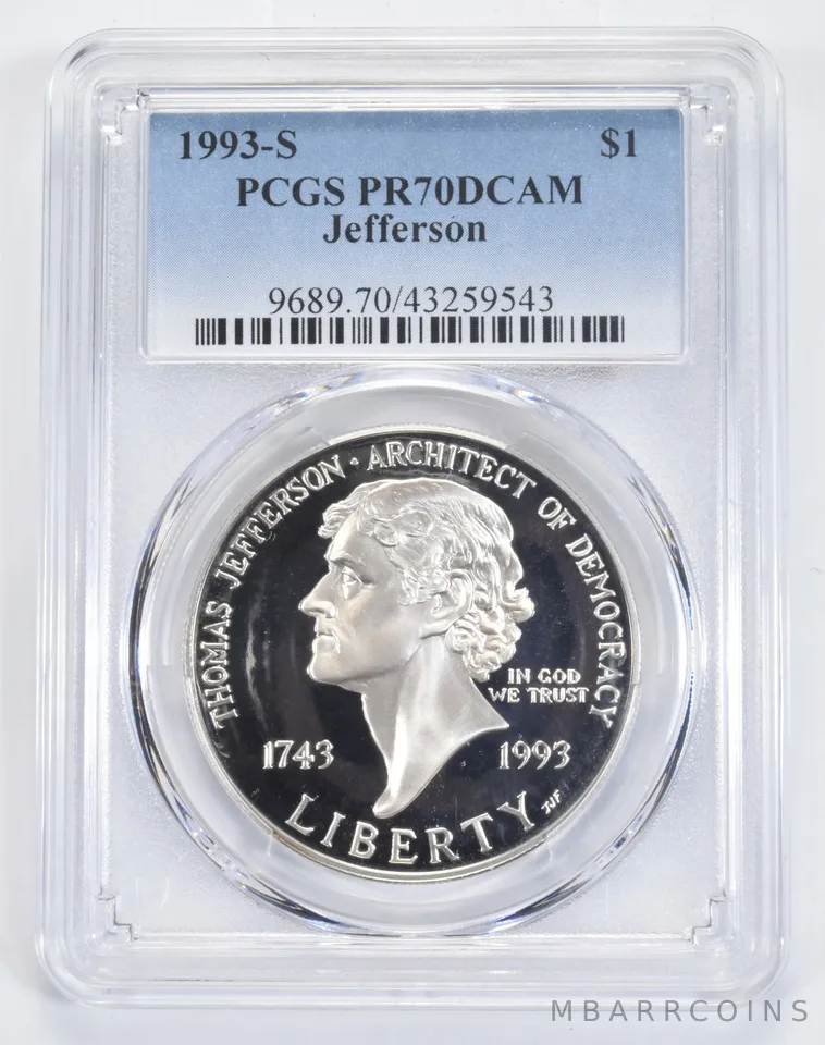 1993-S Jefferson Commemorative Silver Dollar PR70 DCAM PCGS