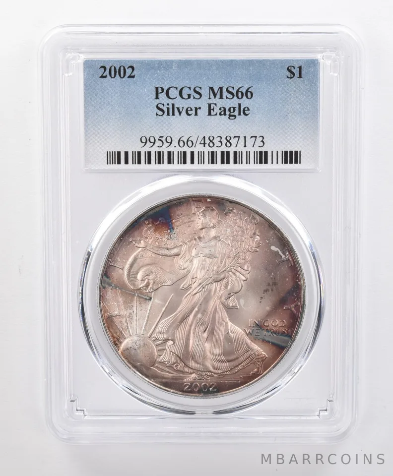 MS66 2002 American Silver Eagle PCGS Rainbow Toning a1210