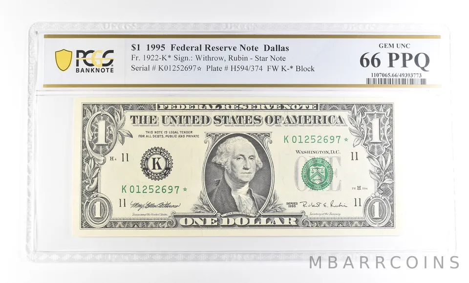 1995 $1 Dallas TX FRN Star Note Fr#1922-K* Gem Unc 66 PPQ PCGS a2895