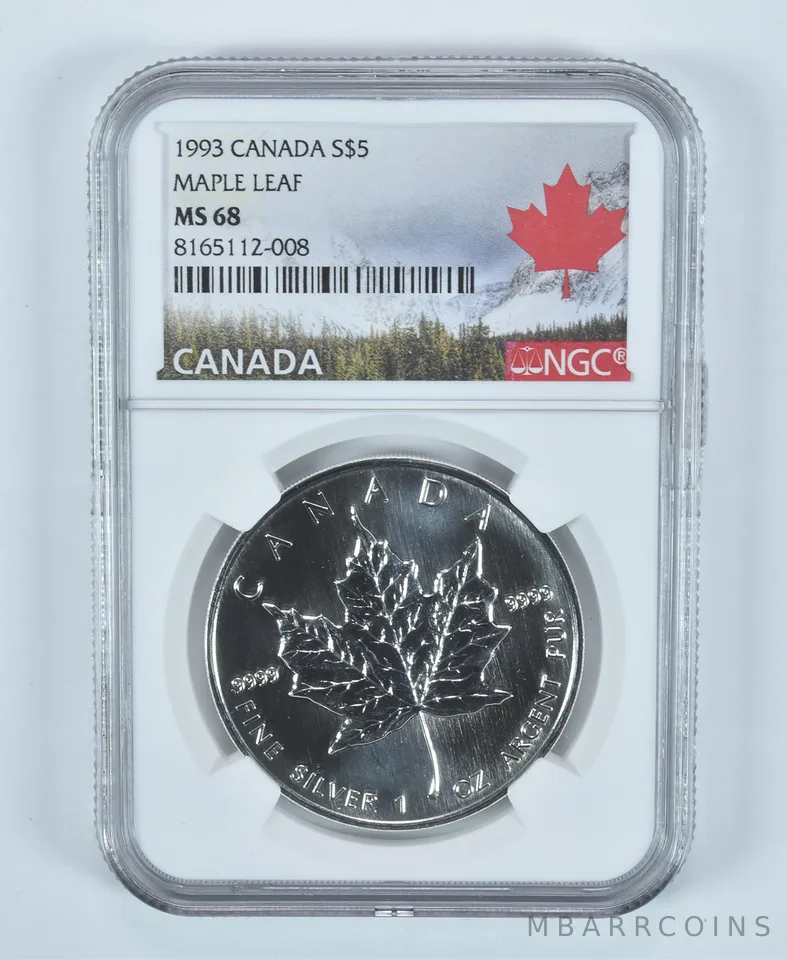 1993 Canada 5 Dollars Silver Maple Leaf MS68 NGC Canada Label