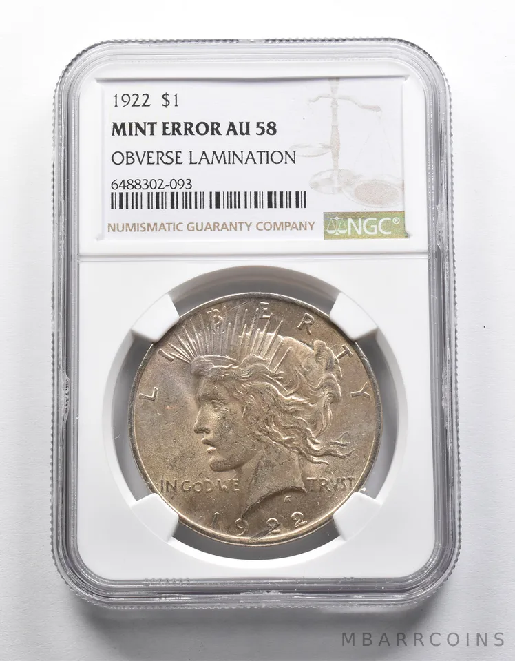 Mint Error AU58 1922 Peace Silver Dollar OBV Lamination NGC *1955