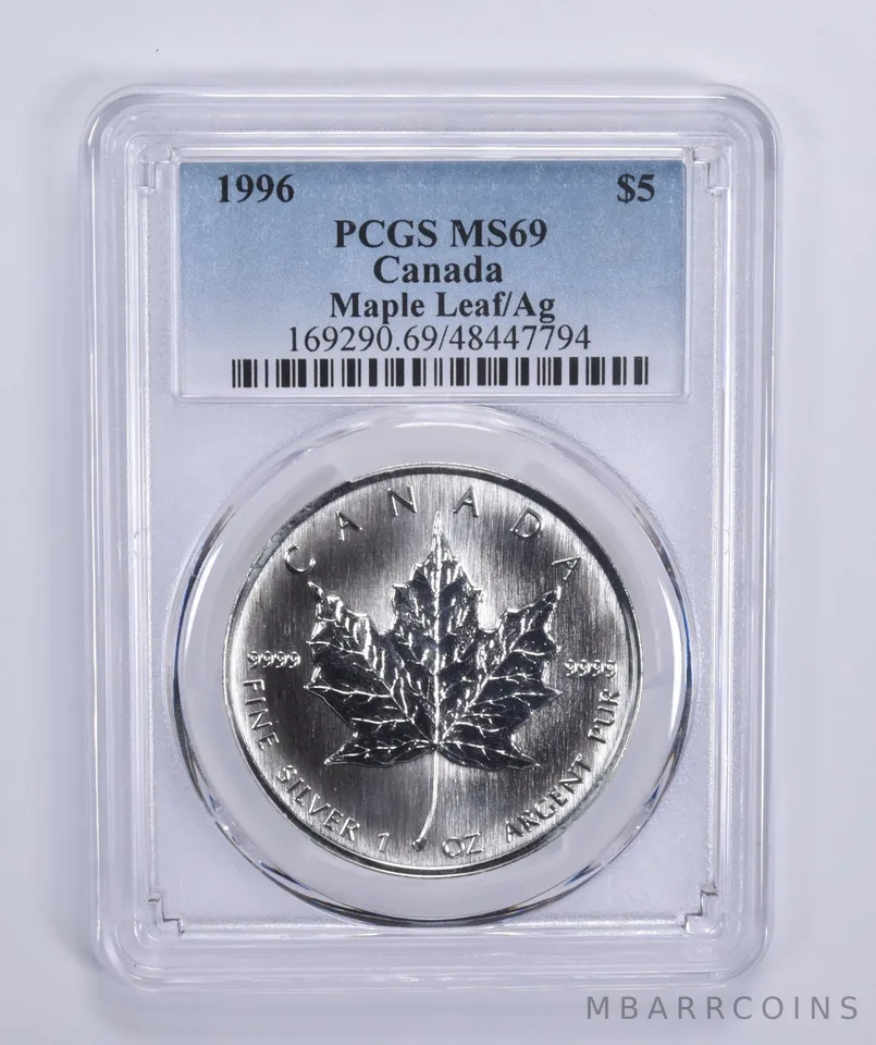 1996 Canada 5 Dollar Maple Leaf 1 Oz Silver MS69 PCGS Blue Label