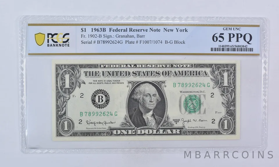 1963 B $1 New York NY FRN Fr#1902-B Gem Unc 65 PPQ PCGS Barr