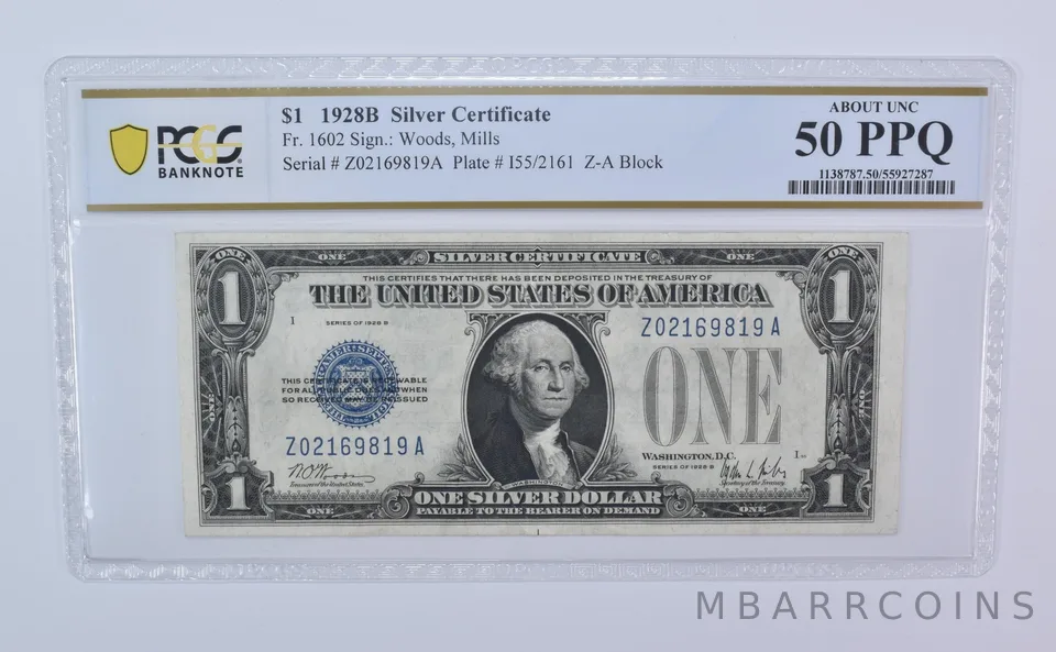 1928 B $1 Silver Certificate Fr#1602 Blue Seal About Unc 50 PPQ PCGS *8112