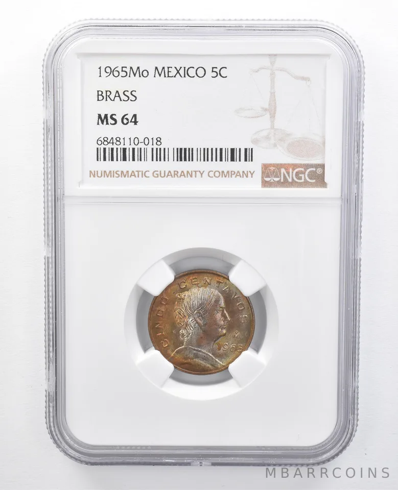 1965 Mo Mexico 5 Centavos Brass MS64 NGC Rainbow Tone *7663