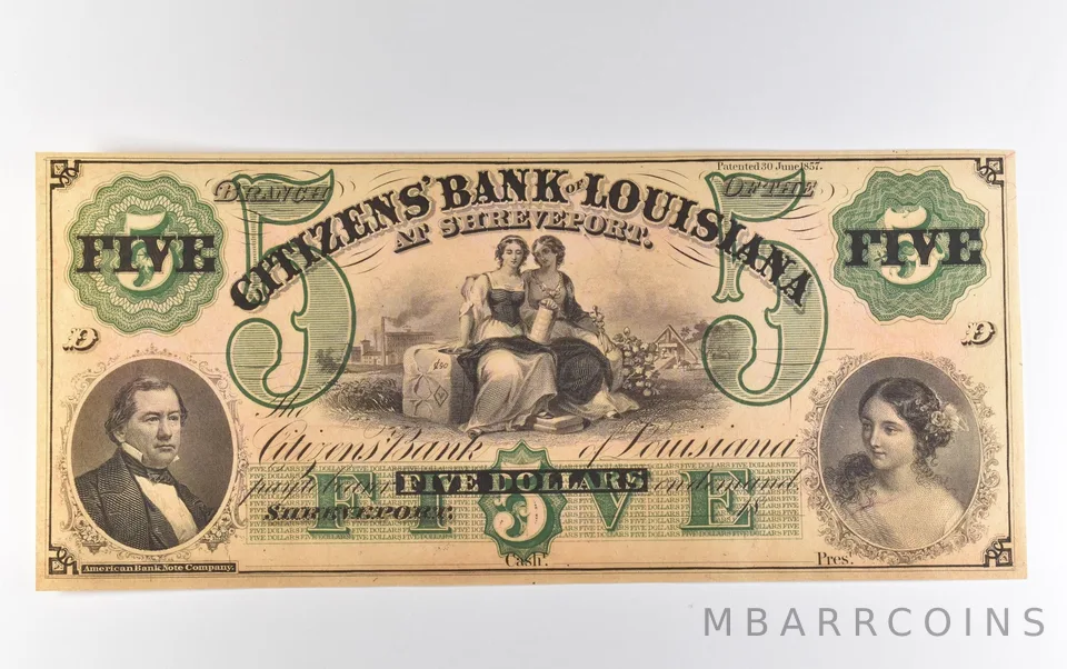 1857 $5 Shreveport LA Banknote Citizen's Bank Large Note *4136