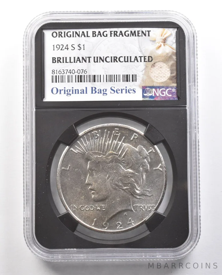 1924-S Silver Peace Dollar Original Bag Fragment BU NGC a4376