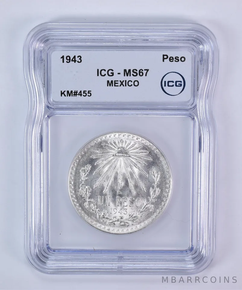 1943 M Mexico Peso Silver KM#455 MS67 ICG