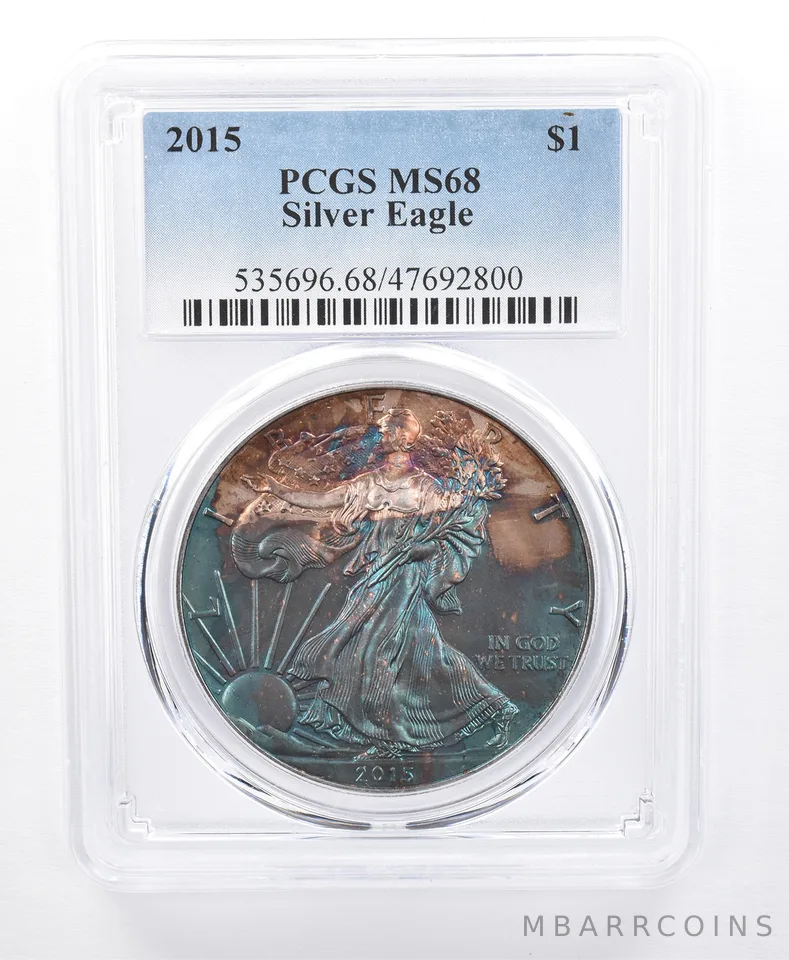2015 American Silver Eagle MS68 PCGS Blue/Green Tone *8686