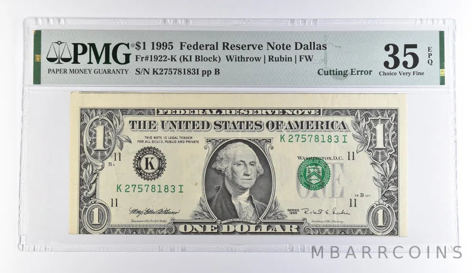 1995 $1 Dallas TX FRN Cutting Error Fr#1922-K Choice VF 35 EPQ PMG *9514
