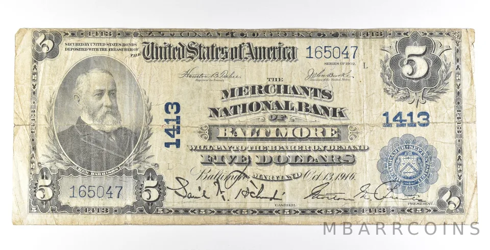 1902 $5 Baltimore MD National Currency Ch#1413 Large Note *5624