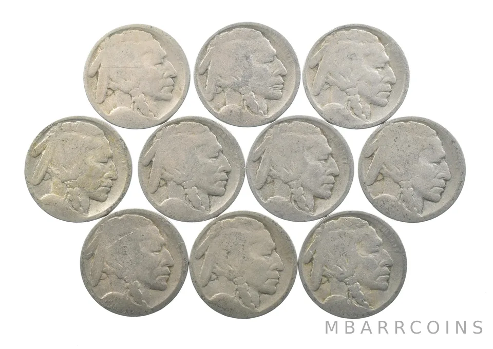 Lot 10 5c RAISED GROUND 1913 Buffalo Nickels First Year Issue! May be P/D/S *638