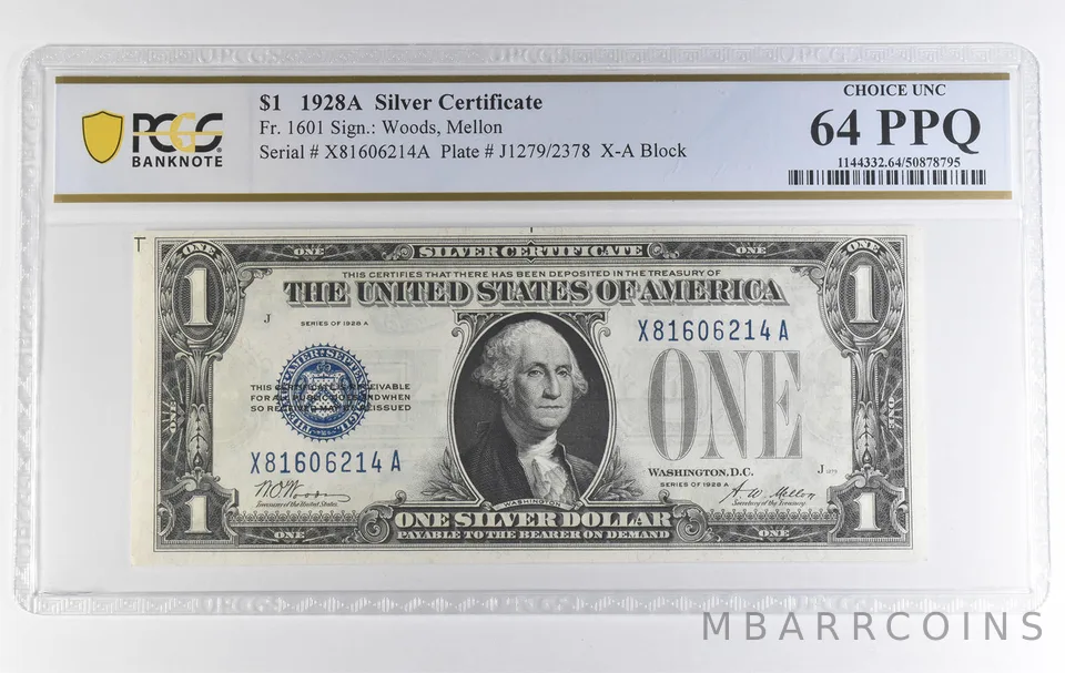 1928 A $1 Silver Certificate Fr#1601 Choice Unc 64 PPQ PCGS a3903