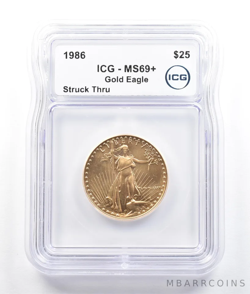 1986 $25 American Gold Eagle Mint Error Struck Thru 1/2 Oz Gold MS69+ ICG *5208