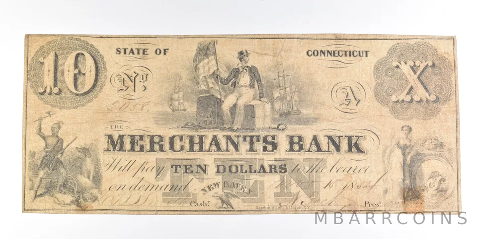 1857 $10 New Haven CT Merchants Bank Obsolete Note *0254