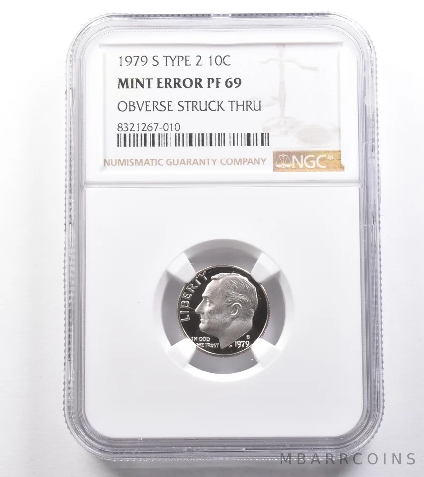ERROR 1979-S Roosevelt Dime Type 2 Struck Thru Mint Error PF69 NGC *4941