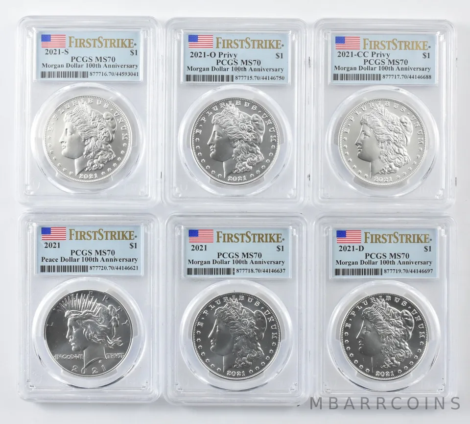 (6) 2021/D/S/O/CC Morgan/Peace Silver $1 High Relief 1st Strike MS70 PCGS *7870
