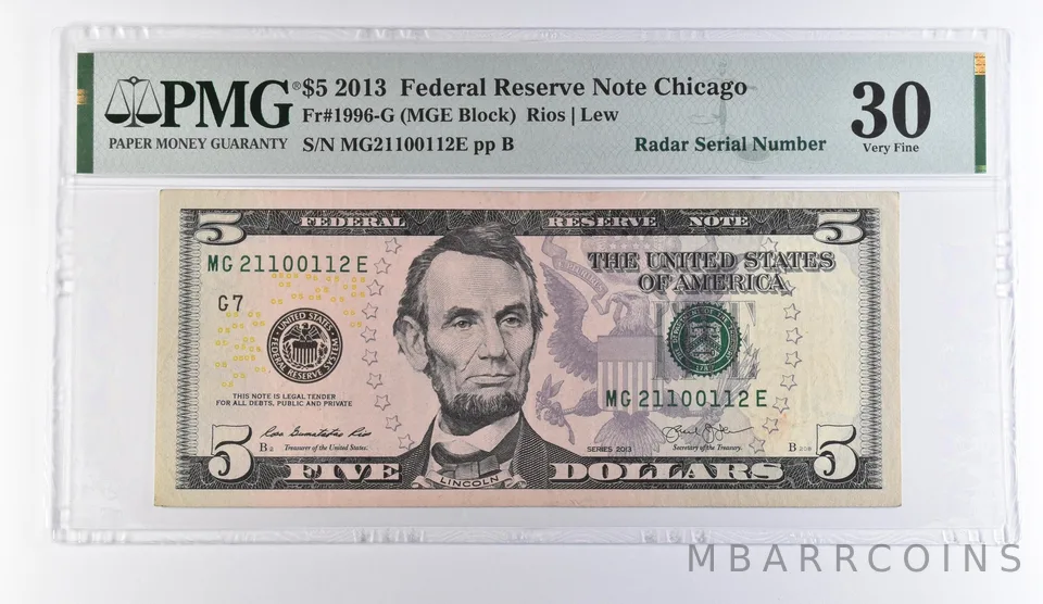 2013 $5 Chicago IL FRN Radar S/N Fr#1996-G VF 30 PMG *9443