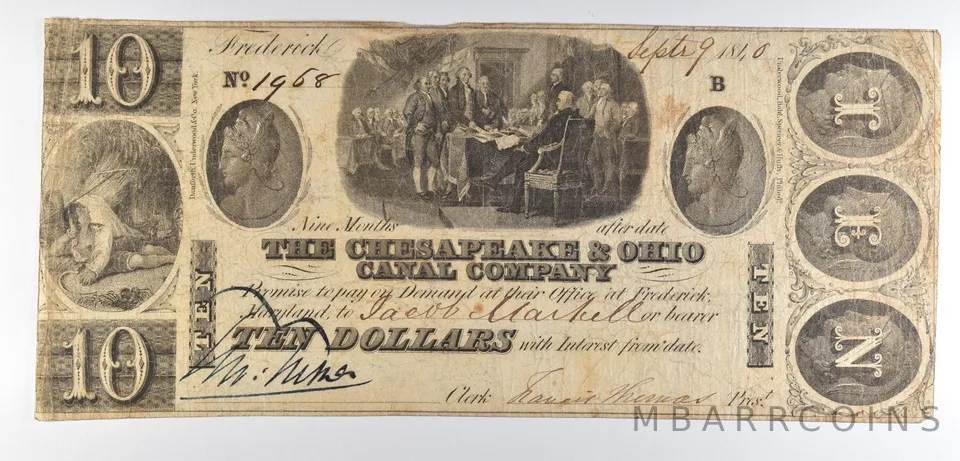1840 $10 Frederick MD Chesapeake & Ohio Canal Company Obsolete Note *8505