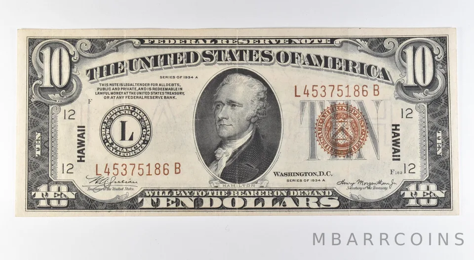 1934 A $10 San Francisco CA FRN Hawaii Issue Brown Seal Fr#2303 *9609