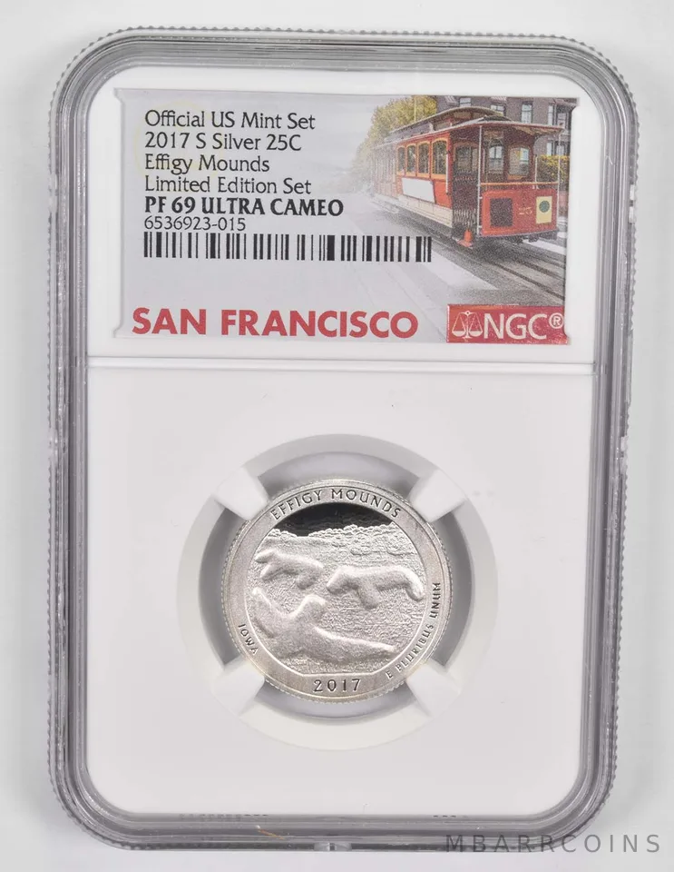 2017-S Silver PF69 Effigy Mounds Quarter NGC Limited Edition San Fran Lbl