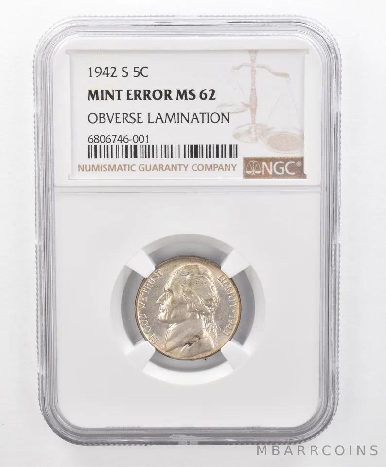 1942-S Jefferson Nickel Mint Error Obverse Lamination MS62 NGC Nice Tone *2704