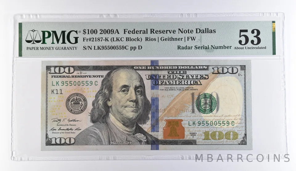 2009 A $100 Dallas TX FRN Radar S/N Fr#2187-K About Unc 53 PMG *9472