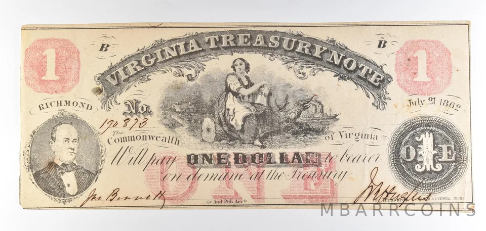 1862 $1 Richmond VA Treasury Note Obsolete Note *8756