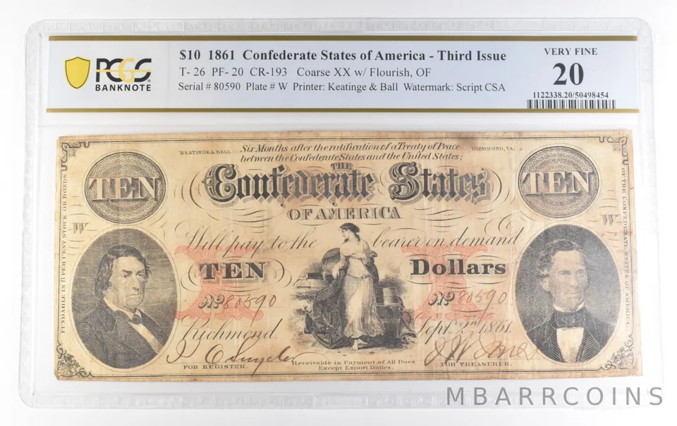 1861 $10 Confederate Third Issue T-26 PF-20 CR-193 Very Fine 20 PCGS *0137