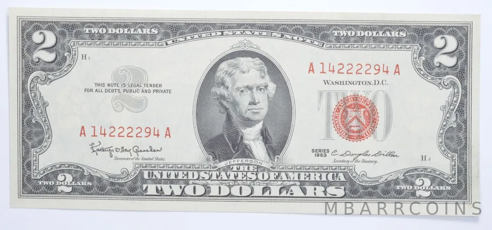 $2 1963 Red Seal Jefferson Note Bill US Currency Crisp UNC
