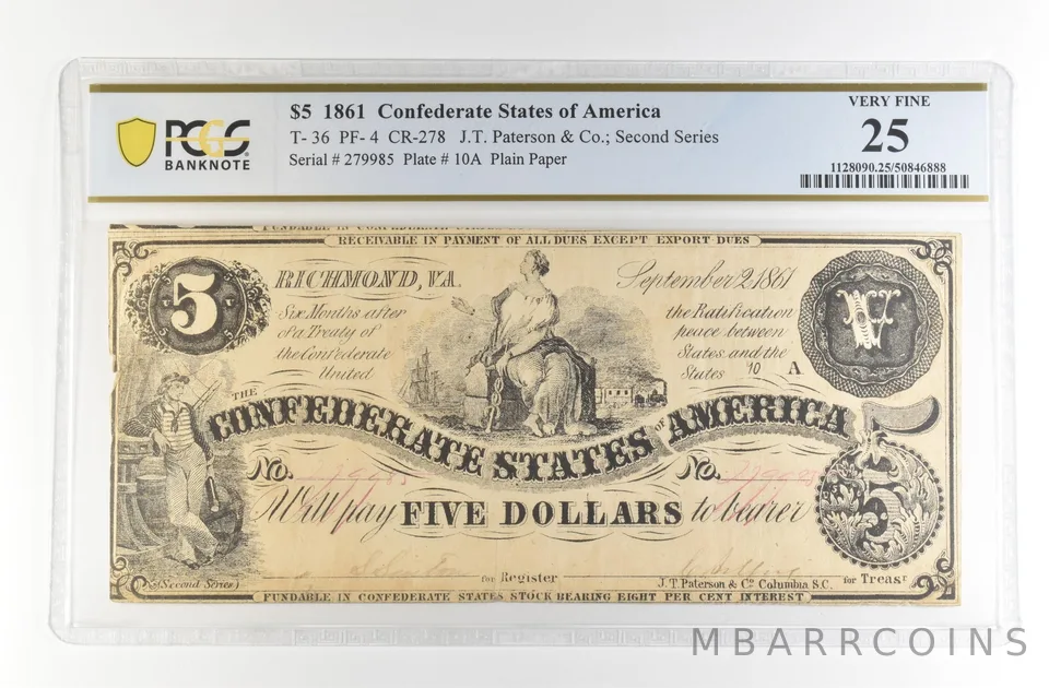1861 $5 Confederate States America Large Note T-36 PF-4 CR-278 VF 25 PCGS *4169