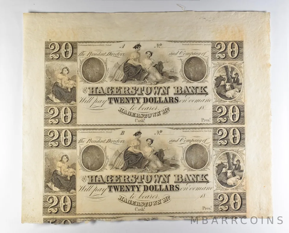 Lot (2) 1800s $20 Hagerstown MD Bank Obsolete Note Uncut *8712