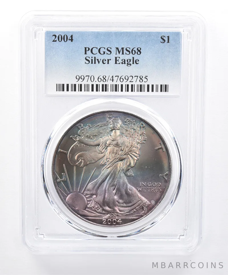 2004 American Silver Eagle MS68 PCGS Rainbow Tone *8466