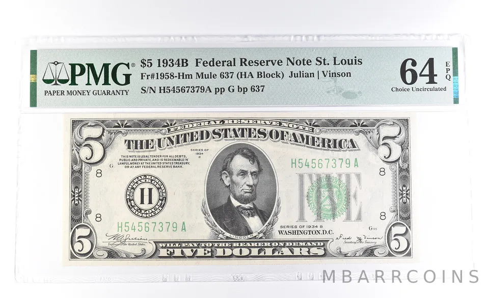 1934 B $5 St Louis MO FRN Fr#1958-Hm Mule 637 64 Choice Unc EPQ PMG *0940