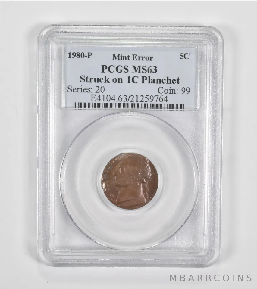 MS63 1980-P Jefferson Nickel - Mint Error Stuck On 1C Planchet Graded PCGS a1442