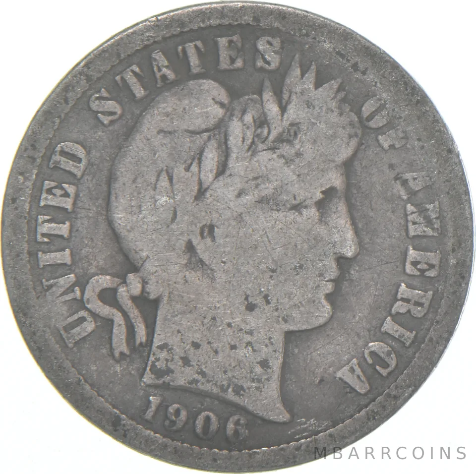 1906-S Barber Dime 90% Silver Average Circ