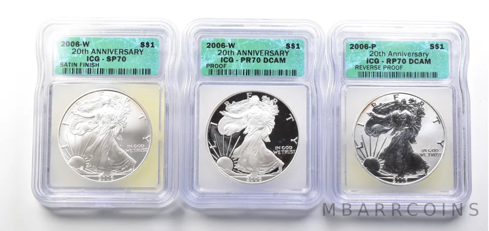 Set Anniversary 2006-W/P American Silver Eagle PR70/SP70/RP70 ICG a3696