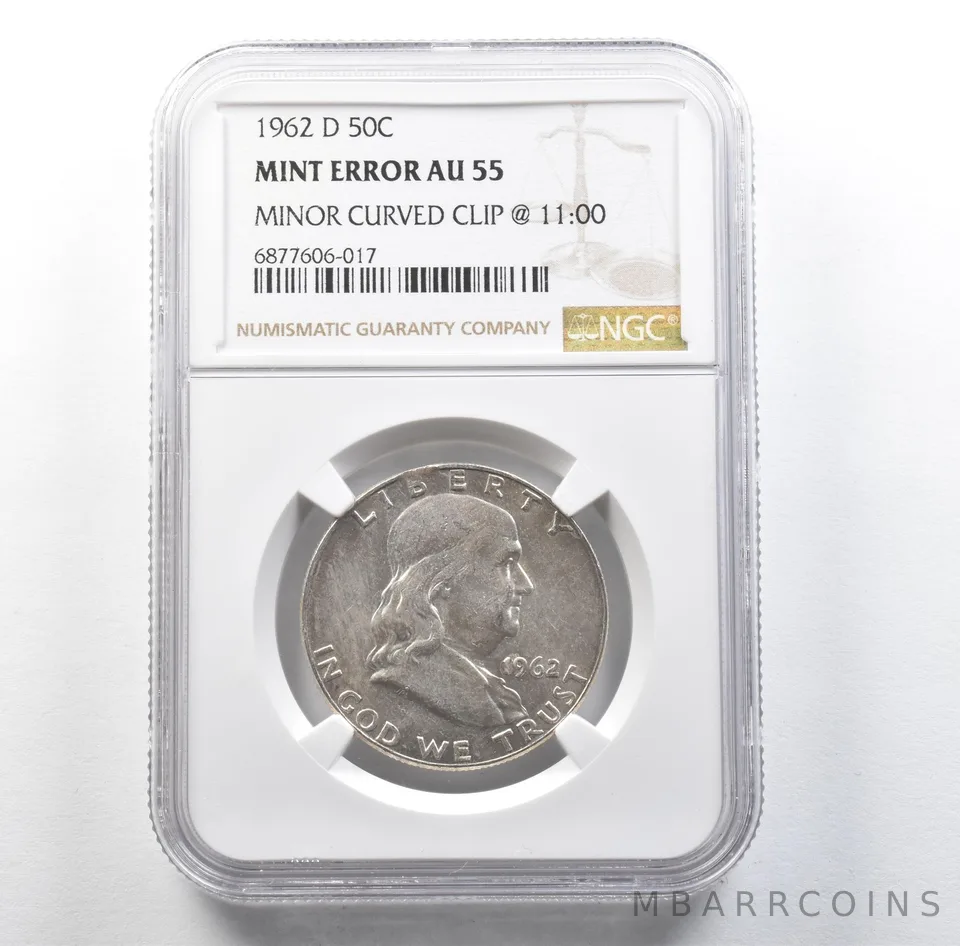 1962-D Franklin Half Dollar Mint Error Minor Curved Clip @ 11:00 AU55 NGC *3130