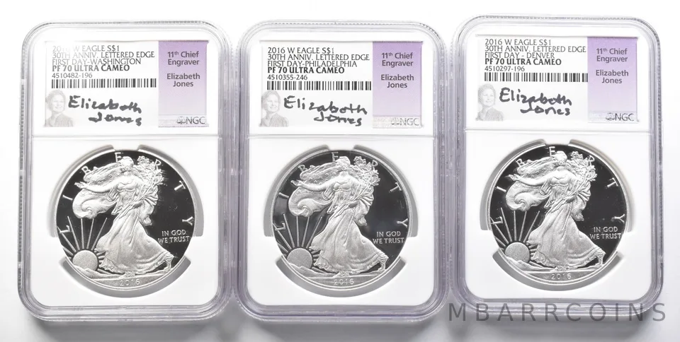 (3) 2016-W Silver Eagle Philadelphia/Denver/WP Jones FDOI PF70 NGC *2574