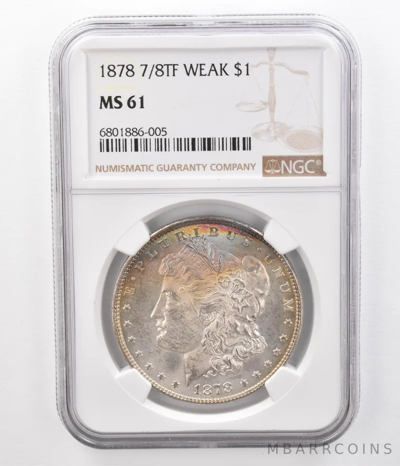 1878 7/8TF Morgan Silver Dollar Weak MS61 NGC Beautifully Toned a8583