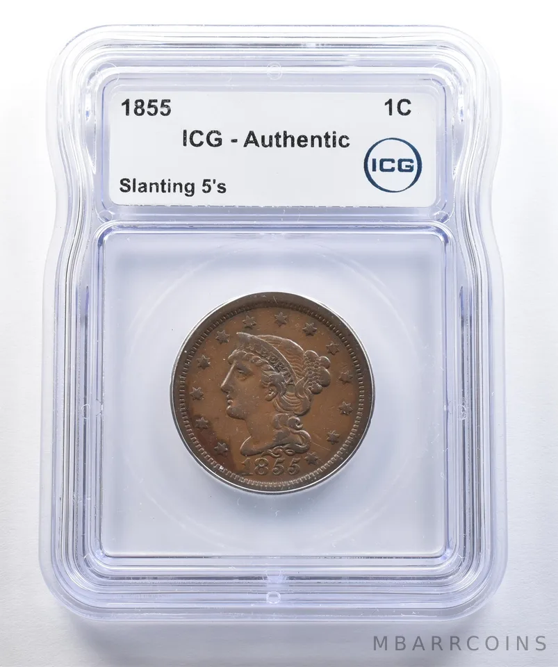 1855 Braided Hair Large Cent Slanting 5s Authentic ICG a7756