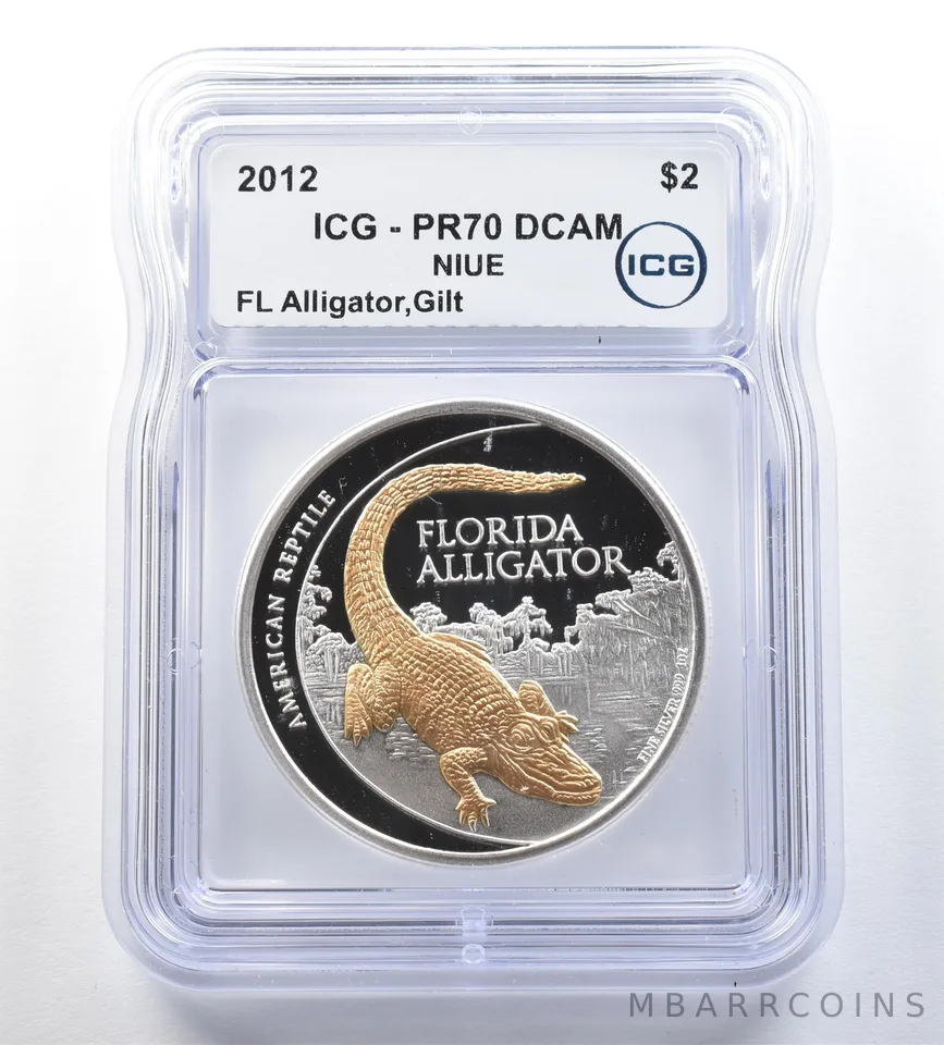 2012 Niue 2 Dollars Silver Gilt Florida Alligator PR70 DCAM ICG *0779