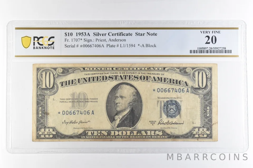 1953 A $10 Silver Certificate Star Note Fr#1707* Very Fine 20 PCGS *6906